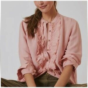 Anthropologie Pilcro Peach Button Down Ruffle Placket Blouse Linen M